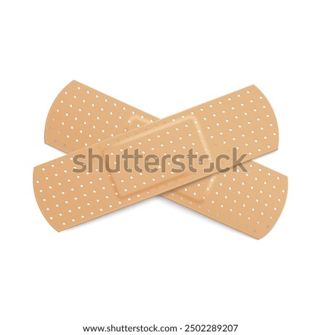 Two beige adhesive plasters, cross of bandage for treating wound vector illustration
