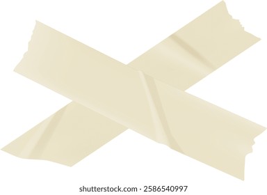 Two beige pieces of adhesive tape are crossing each other, creating an x shape against a clean white background, providing a simple yet effective visual of connection or restriction