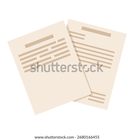 Two beige sheets of paper with stylized text lines, flat graphic style on white background. Concept of documents, paperwork, office. Vector illustration
