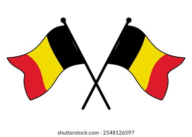 Two Belgian Flags on Black Flagpoles in Crossed Position – Simple Vector Icon Collection for Logo, Event, and Template Use, Editable and Scalable EPS on White Background