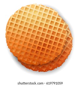 Two Belgium round waffles, gold colors, isolated on white background. Vector illustration. Cartoon icons.