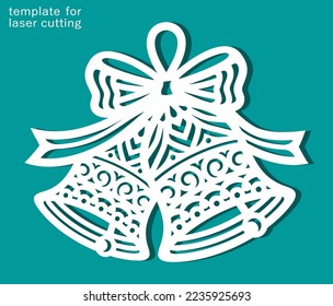 Two bells tied with ribbon, bow. Openwork decoration with carved ornament for Christmas, New Year. Template for plotter laser cutting of paper, wood carving, metal engraving, cnc. Vector illustration.