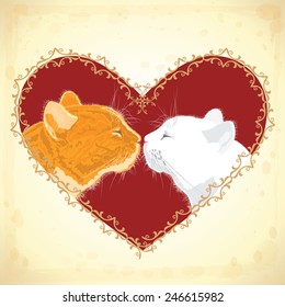 Two beloved cats on the heart shape background. Vector illustration.