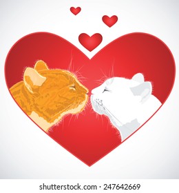Two beloved cats on the heart shape background. Vector illustration.