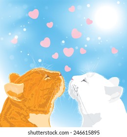 Two beloved cats on sky background. Vector illustration.
