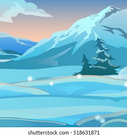 Two bent spruce on the background of snow on a clear frosty morning. Sunrise in the snowy mountains. Sketch for  Christmas and New year card, festive poster or party invitations. Vector illustration.