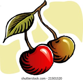 two berries in a branch in yellow background	