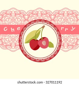 Two berries with branches. One cherry cut in half. One cherry cut in half. Branches connected with handle. Flat design / icon. Decorative circle / label with delicate edges on a yellow background.