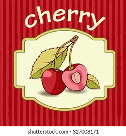 Two berries with tones and highlights. One cherry cut in half. Visible veins on the leaves. Branches connected with handle. In the label with frame. Striped red background
