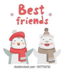 Two best friends animals polar bear and penguin holding hands wearing winter hat and scarf. Vector illustration about friendship isolated on white