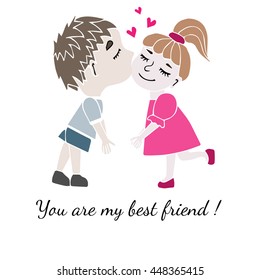 Two best friends boy and girl together with inscription You are my best friend isolated on the white background. Vector illustration about friendship.