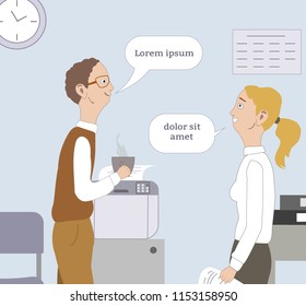 Two best friends, collegue tell about latest news, gossip, laughing at workplace. Flirtation, liking. Place for your text.Vector illustration.