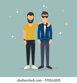 Two best friends. Concept of friendship and fun with new trends. Vector illustration.