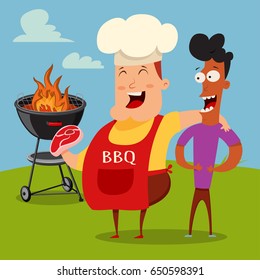 Two best friends cook a grill steak for a barbecue party. Vector illustration of an adult male on bbq.
