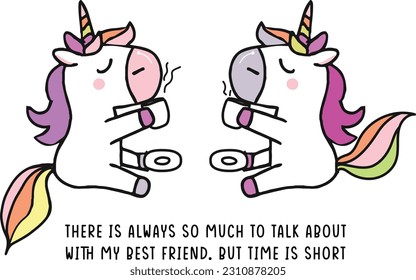 two best friends cute unicorns illustration vector design drinking tea coffee