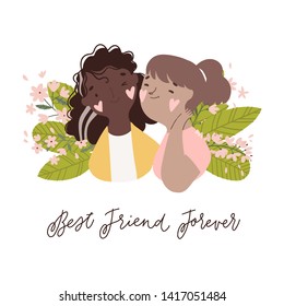 Two best friends girls laughing and hug. Vector illustration about friendship isolated on white with floral background. Happy Friendship day card Vector.