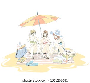 Two best friends have a rest on sand beach. Girls sit on beach mat under umbrella, they're talking and laughing. Vector hand drawing in pastel color. Isolated white background.