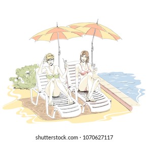 Two best friends have a rest on vacation. Beautiful elegant girls in swimsuits lie on chaise lounge near pool, drink cocktails.  Vector hand drawing in pastel palette color. Isolated white background.