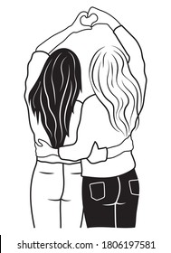 Two best friends hugging with showing hands a heart. Young people  having good time together. Happy friendship day.  Fun meeting. An illustration of female strong friendships.