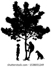 Two best friends, little boys with dog. One boy is climbing up a tree while another boy is standing and looking with wow face expression at his friend climber.