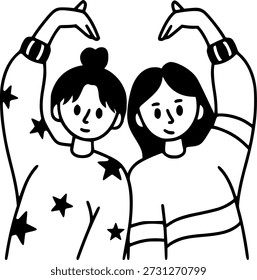 Two Best Friends Making Heart Shape with Hands Line Art, Cute Girls Friendship Illustration for Social Media