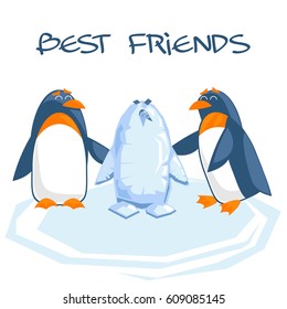 Two best friends penguins made a snowman.
