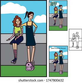 Dos mejores amigos pasan tiempo juntos. Uno de ellos está sentado con un gatito, y el otro tiene la mano sobre su hombro. Ilustración del vector