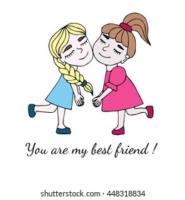 Two best friends together with inscription You are my best friend isolated on the white background. Vector illustration about friendship.