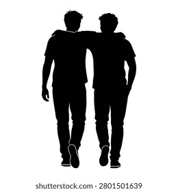 Two best friends walking together with arms around shoulders silhouette
