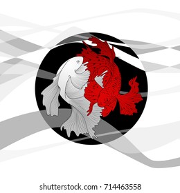 Two betta fish red and white fighting on black round icon with grey waves. Vector illustration
