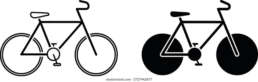 Se ilustran dos iconos de bicicleta. El primero está delineado, mostrando el marco, las ruedas, el asiento y el manillar. El segundo es un relleno sólido, creando una apariencia de silueta.