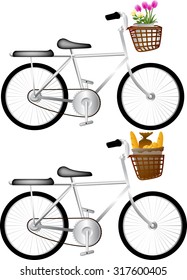 two bicycle object with bakery and flowers in front