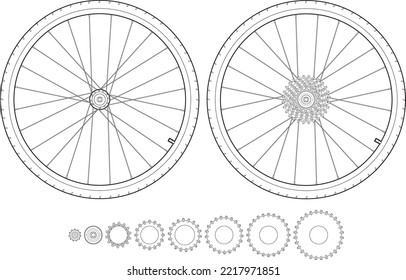 Dos ruedas de bicicleta y neumáticos con detalles del engranaje de la rueda trasera.