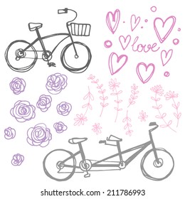 Two bicycle-drawn line, sketch vector. Romance, flowers, heart, elements
