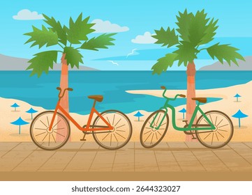 Two bicycles parked on a seaside promenade with palm trees, beach umbrellas, and  sea bay under a blue sky. Summer seascape for travel and leisure themes.
