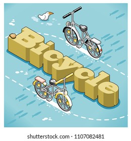 Two bicycles riding on a dotted line around the word bicycle itself in isometric view in water and beach setting with seagulls and fish (isometric view illustration)