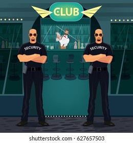 Two Big And Bald Bouncers Standing Outside The Entrance To The Night Club. Trendy Bartender Behind The Counter In The Bar, Preparing Cocktail, Shaking Cocktail Shaker. Vector Illustration