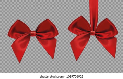 Two big beautiful red bow, made of ribbons on a transparent background. Vector graphics. Realistic red bow isolated.