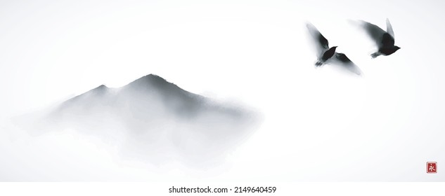 Two big black birds flying over the far misty mountains. Traditional oriental ink painting sumi-e, u-sin, go-hua. Translation of hieroglyph - eternity.