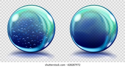 Two big blue glass spheres with air bubbles and without, and with glares and shadows. Transparency only in vector file