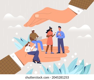 Two big boss hand are holding male and female office workers for employee care. Concept of well being working conditions and protection at workplace. Flat cartoon vector illustration