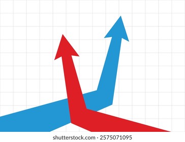 two big business arrows graph suddenly goes up drastically rising up in a different direction with grid background represents business growth and trading profits red and blue arrows