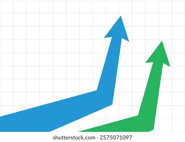 two big business arrows graph suddenly goes up drastically with grid background represents business growth and trading profits green and blue arrows