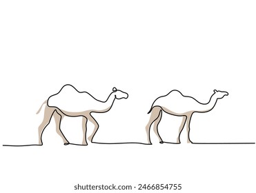 Two big camels on the desert in one single continuous line drawing style isolated on white background. Ramadan kareem concept vector illustration.