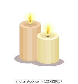 Two big candles with burning flame. Item for magic ritual. Divination theme. Flat vector illustration