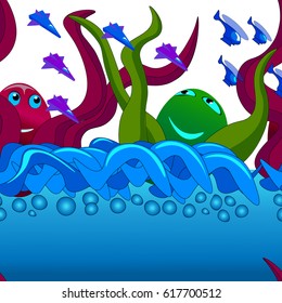 Two big cheerful octopus and squadron of fighters and helicopters.