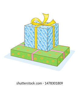 Two big colorful gift boxes.  In cartoon style. Isolated on a white background.