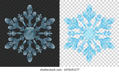 Dos grandes y transparentes copos de nieve Navidad en colores azul claro para uso en fondo oscuro y claro. Transparencia sólo en formato vectorial