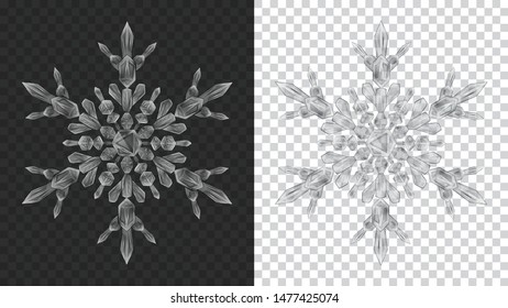 Two big complex transparent Christmas snowflakes in gray colors for use on dark and light background. Transparency only in vector format