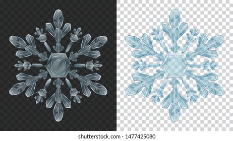 Two big complex transparent Christmas snowflakes in light blue colors for use on dark and light background. Transparency only in vector format